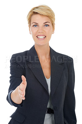 Buy stock photo Businesswoman, handshake offer and portrait in studio, recruitment and welcome to company interview. Female person, hiring manager and hr employee by white background, meeting and face for onboarding
