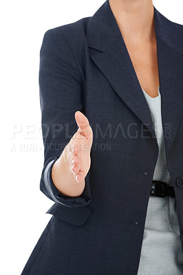 Buy stock photo Businessperson, handshake offer and welcome in studio, recruitment and thank you at company interview. Professional, hiring manager and human resources employee by white background, meeting and deal
