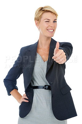 Buy stock photo Portrait of happy business woman with thumbs up, wink and smile for deal agreement success in studio. Professional person with hand gesture for good job, gratitude or achievement on white background.