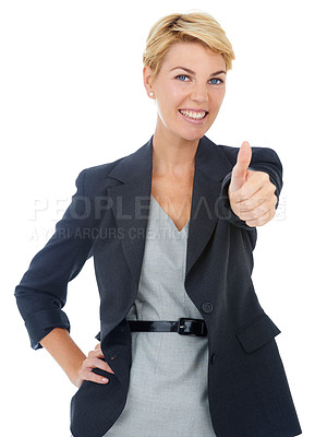 Buy stock photo Portrait of business woman with thumbs up, smile and feedback for deal agreement success in studio. Professional person with hand gesture for good job, gratitude or achievement on white background.