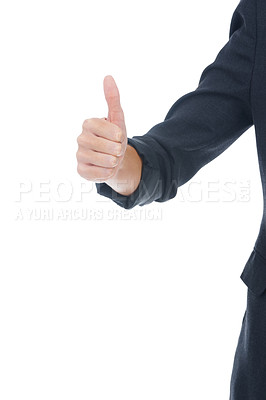 Buy stock photo Businessperson, thumbs up and agreement in studio, sign and approval emoji by white background. Professional, employee and icon or symbol for promotion, thank you and satisfaction or corporate winner
