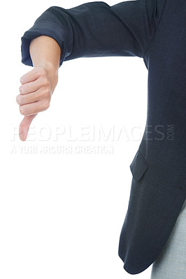 Buy stock photo Businessperson, thumbs down and negative in studio, sign and dislike emoji by white background. Professional, employee and icon or symbol for review, vote and disagreement for corporate mistake