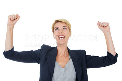 Buy stock photo Businesswoman, celebration and success or fist pump in studio, winner and victory by white background. Female person, professional and happy for corporate achievement, promotion and salary increase