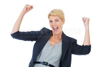 Buy stock photo Businesswoman, celebration and fist pump in studio portrait, winner and victory by white background. Female person, professional and happy for corporate achievement, promotion and success or bonus