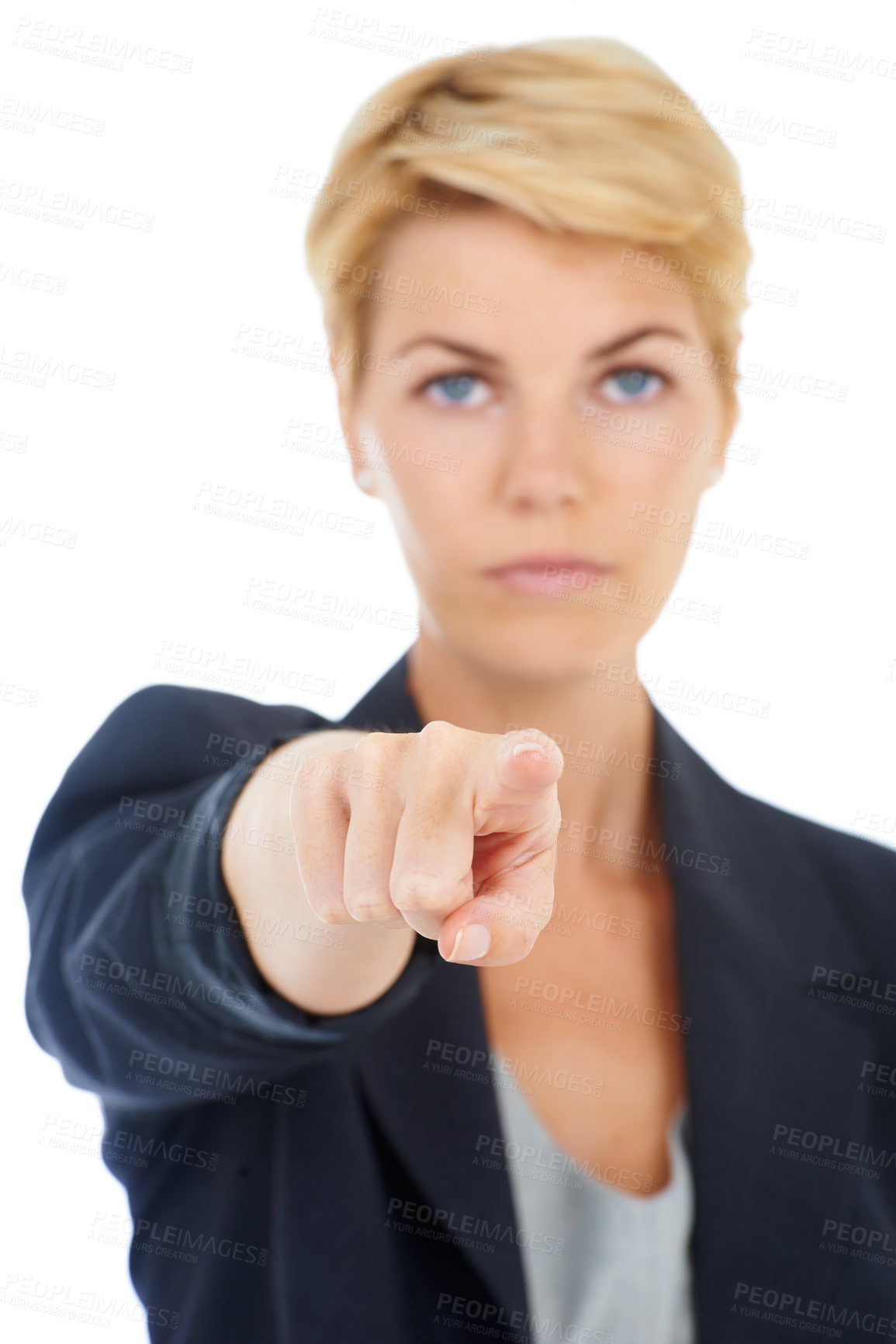 Buy stock photo Portrait, woman or manager pointing to you for recruitment business on white background in studio. Serious, pick or worker with gesture, choice or promotion showing an opportunity, vote or selection