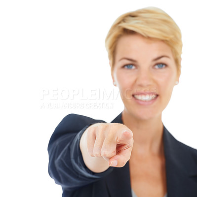 Buy stock photo Portrait, happy woman or manager pointing to you for recruitment on white background in studio. Business, smile or worker with gesture, choice or promotion showing an opportunity, pick or selection