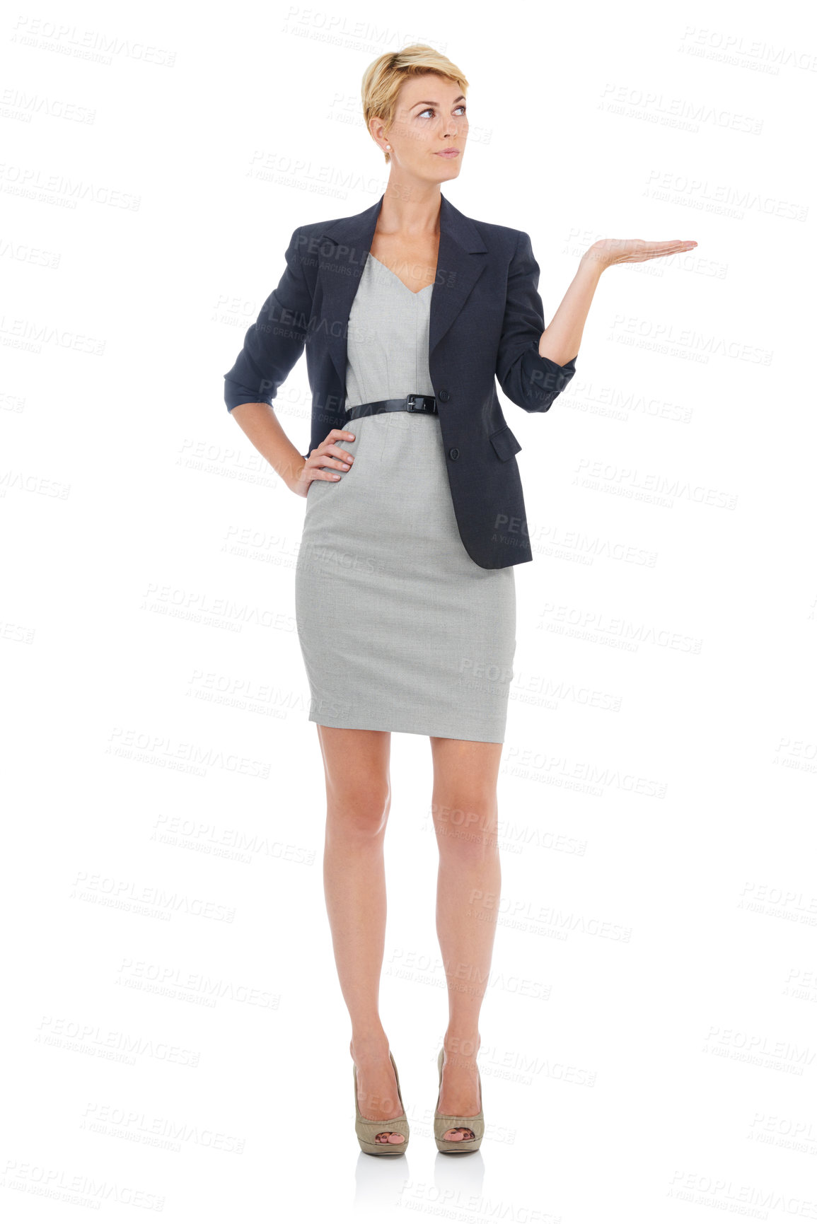 Buy stock photo Business, woman and palm in studio for advertising choice, decision and offer promotion on white background. Corporate employee thinking of feedback, announcement and presentation of advice on mockup