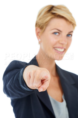 Buy stock photo Portrait, happy or businesswoman or pointing to you for recruitment on white background in studio. Hand, smile or worker with gesture, choice or promotion showing an opportunity, pick or selection