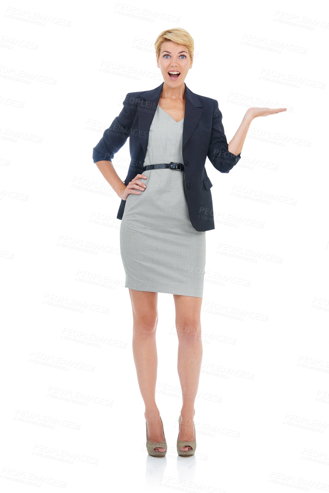 Buy stock photo Announcement space, surprise or businesswoman in studio for loan offer, presentation or about us. Palm, white background or shocked financial advisor showing a sales discount, ads promotion or deal