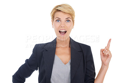 Buy stock photo Portrait of a young businesswoman pointing upwards
