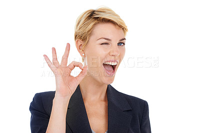 Buy stock photo Businesswoman, okay and agreement in studio, portrait and approval emoji by white background. Female person, employee and wink or symbol for promotion, feedback and satisfaction or corporate victory