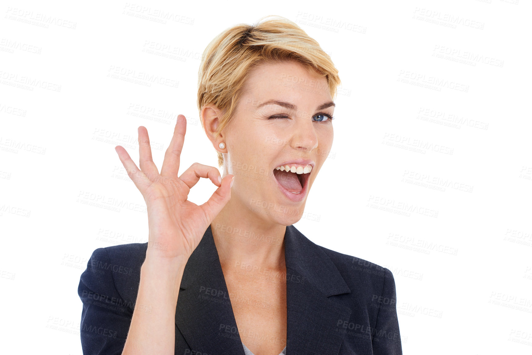 Buy stock photo Businesswoman, okay and agreement in studio, portrait and approval emoji by white background. Female person, employee and wink or symbol for promotion, feedback and satisfaction or corporate victory