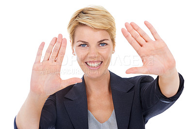 Buy stock photo Businesswoman, hands and frame in studio portrait, professional and smile for profile picture. Female person, happy and perspective for photography by white background, vision and picture for career