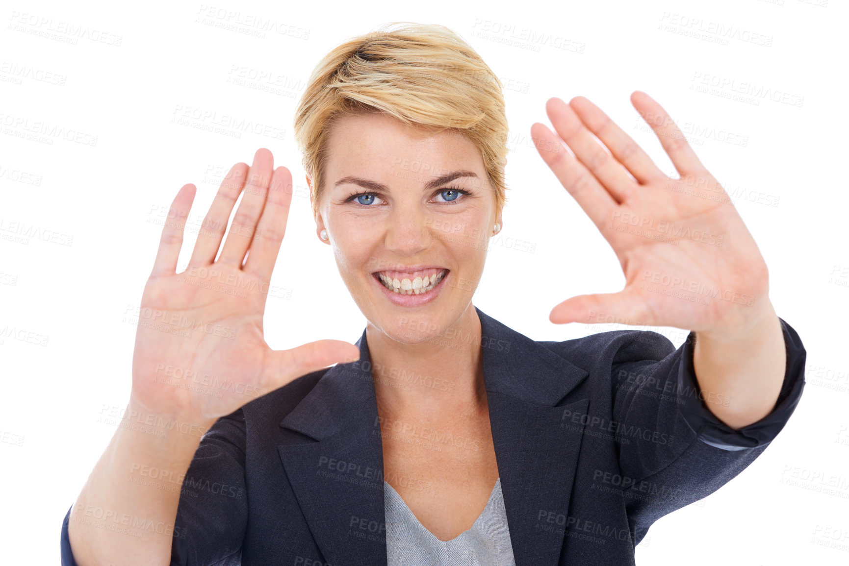 Buy stock photo Businesswoman, hands and frame in studio portrait, professional and smile for profile picture. Female person, happy and perspective for photography by white background, vision and picture for career