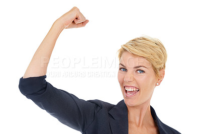 Buy stock photo Flex, happy and portrait of woman in a studio with feminism, women empowerment and career success. Smile, excited and female person with strong arm muscles for achievement by white background.