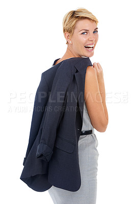 Buy stock photo Business woman, laughing and lawyer portrait from job and career in a studio. Smile, fashion and attorney employee with a funny joke of a happy worker with white background and professional style