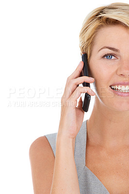 Buy stock photo Businesswoman, phone call and conversation in studio portrait, communication and smile by white background. Happy female person, half face and smartphone for networking, discussion and technology