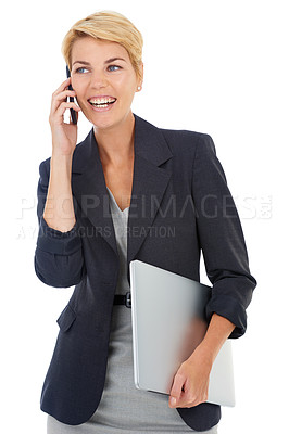 Buy stock photo Happy, talking or businesswoman in studio on a phone call negotiation, networking or speaking. White background, mobile communication or manager laughing in conversation, discussion or news for deal