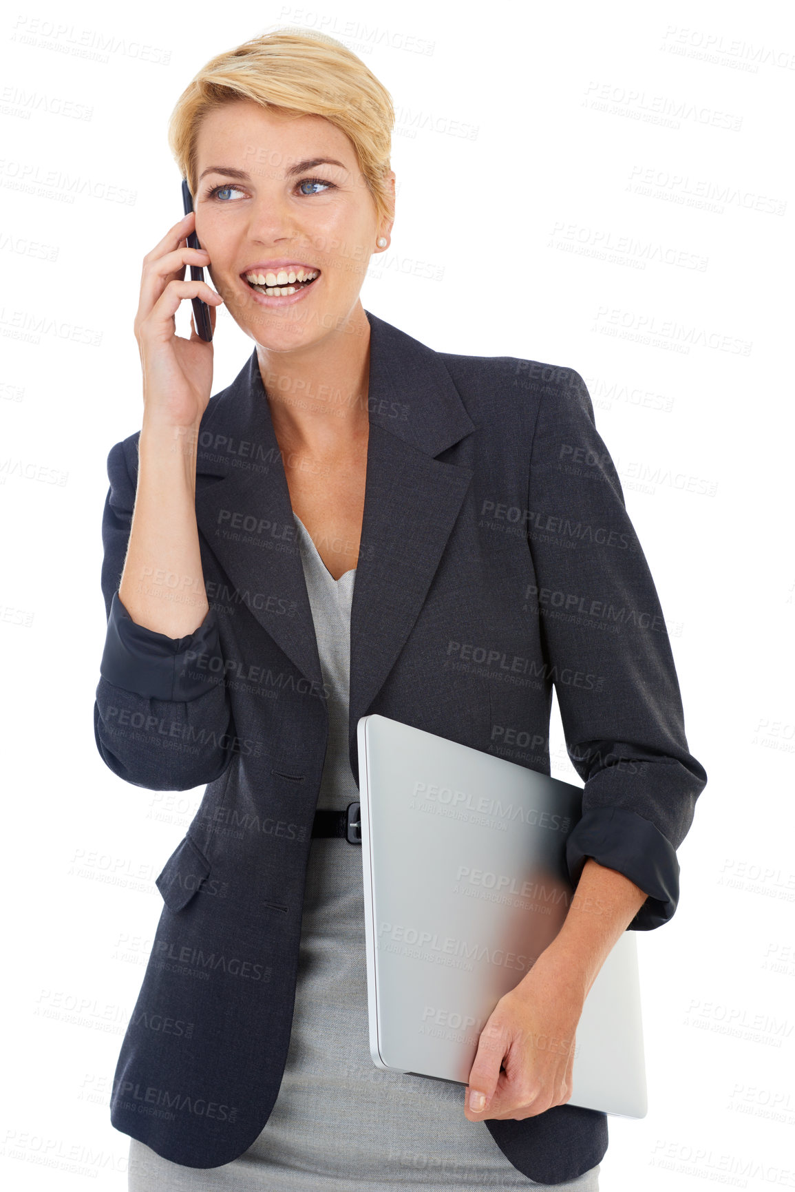 Buy stock photo Happy, talking or businesswoman in studio on a phone call negotiation, networking or speaking. White background, mobile communication or manager laughing in conversation, discussion or news for deal