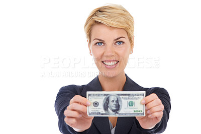 Buy stock photo Portrait of business woman with dollar, offer and bonus cash prize giveaway isolated on white background. Money bills, budget and economic resources, lady with financial freedom or payment in studio.