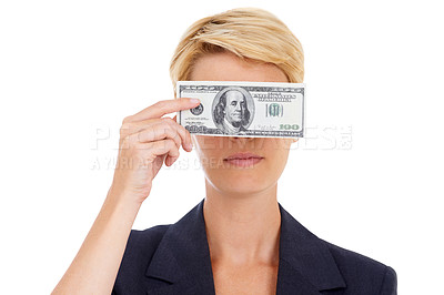 Buy stock photo Business woman with cash on face, dollars and bonus prize opportunity isolated on white background. Money, budget and economic resources, lady with financial win or credit funding payment in studio.