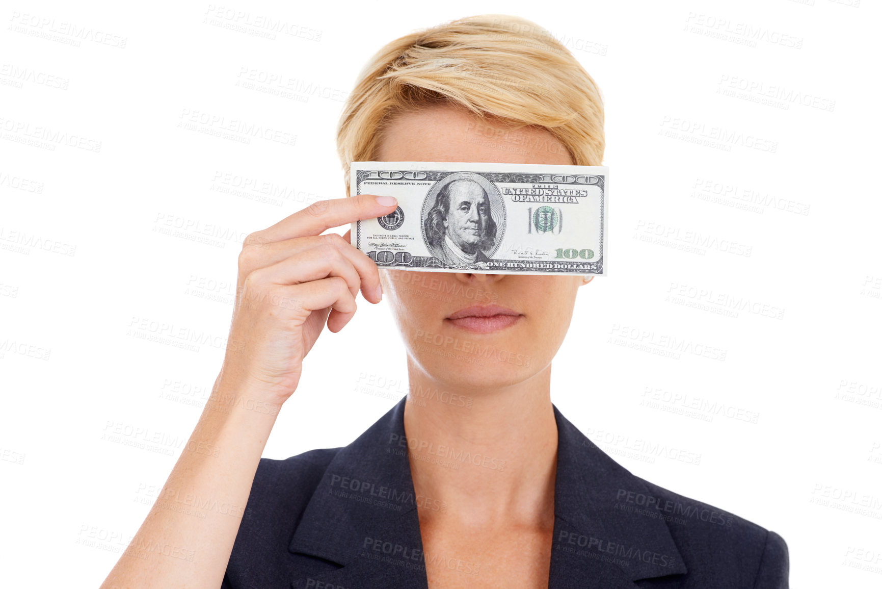 Buy stock photo Business woman with cash on face, dollars and bonus prize opportunity isolated on white background. Money, budget and economic resources, lady with financial win or credit funding payment in studio.