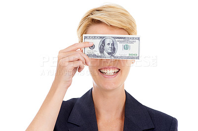 Buy stock photo Happy business woman with cash on face, dollars and bonus prize giveaway isolated on white background. Money loan, budget and smile, lady with financial freedom or credit funding payment in studio.