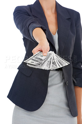 Buy stock photo Hands of business woman with cash, dollars and bonus prize giveaway isolated on white background. Money, budget and economic resources, lady with financial freedom or credit funding payment in studio