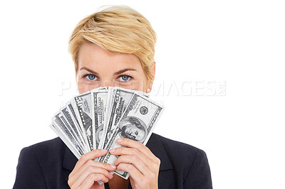 Buy stock photo Portrait of business woman with money fan, dollars and bonus prize giveaway isolated on white background. cash, budget and mockup, lady with financial freedom or credit funding payment in studio.