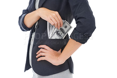 Buy stock photo Cash, pocket or hands businesswoman in studio for illegal payment, corruption deal or secret scam. Closeup, white background or financial manager with dollars for bribery, fraud or money laundering
