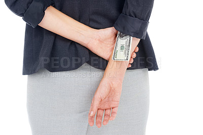 Buy stock photo Stealing, money or hands of business woman in studio for illegal payment, deal or secret scam. Cash in sleeve, white background or financial manager with dollars for bribery, fraud or crime closeup 
