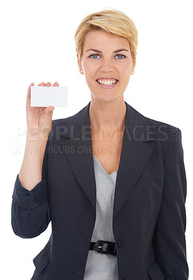Buy stock photo Business card, space and woman with mockup, contact information or job offer and career in studio. Portrait of entrepreneur or corporate worker with presentation or opportunity on a white background