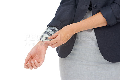 Buy stock photo Corrupt, money or hands of businesswoman in studio for illegal payment, deal or secret scam. Cash in sleeve, white background or financial manager with dollars for bribery, fraud or crime closeup