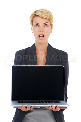 Buy stock photo Business woman, surprise and advertising laptop screen in studio for deal, offer and sign up to newsletter on white background. Portrait, shocked worker and mockup space on computer for announcement