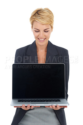 Buy stock photo Business woman, computer screen and mockup in studio for presentation, human resources software and job information. Professional worker with laptop and space for career FAQ on a white background