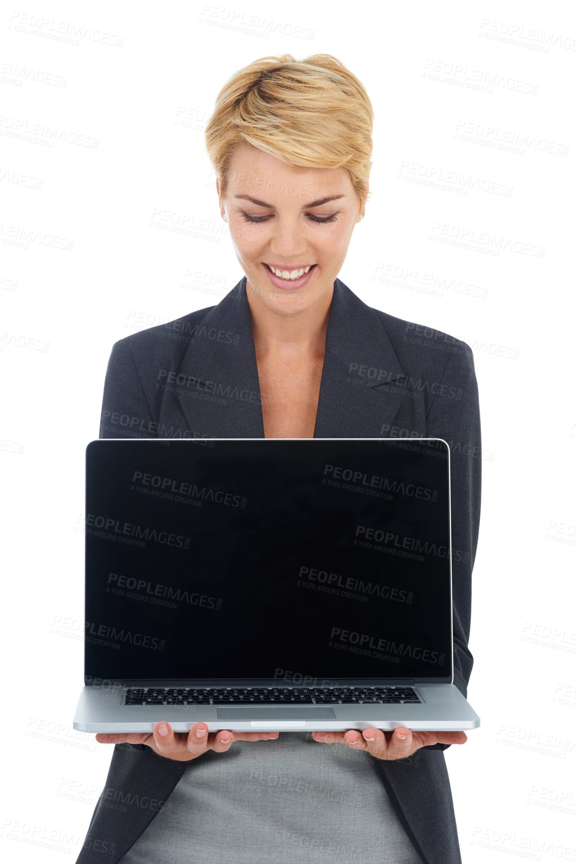 Buy stock photo Business woman, computer screen and mockup in studio for presentation, human resources software and job information. Professional worker with laptop and space for career FAQ on a white background