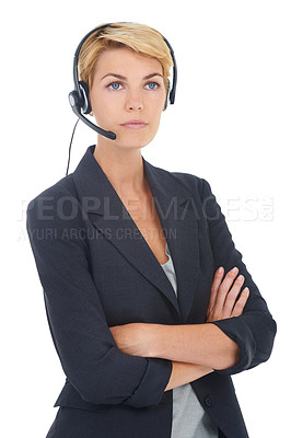 Buy stock photo Woman in studio, call center or manager with arms crossed in customer service or telemarketing. White background, serious or sales consultant agent with headset or pride in tech support or telecom