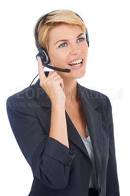 Buy stock photo Woman, representative and call centre headset in studio, customer service and crm by white background. Female person, consultant and telemarketing agent or helpdesk, hotline and technical support