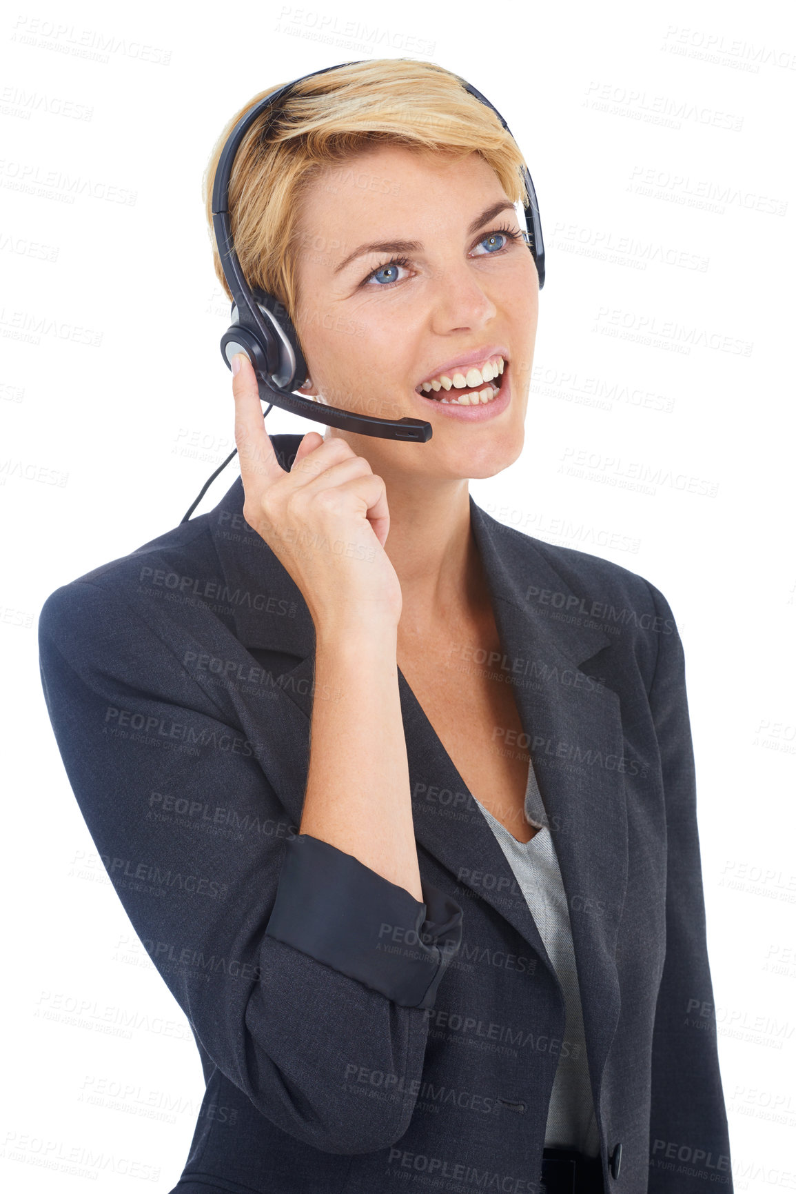 Buy stock photo Woman, representative and call centre headset in studio, customer service and crm by white background. Female person, consultant and telemarketing agent or helpdesk, hotline and technical support