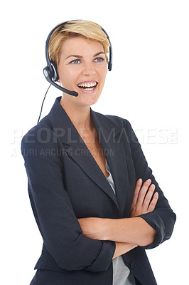 Buy stock photo Woman, crm and call centre headset in studio, customer service and operator by white background. Female person, consultant and telemarketing agent or representative, advisor and technical support