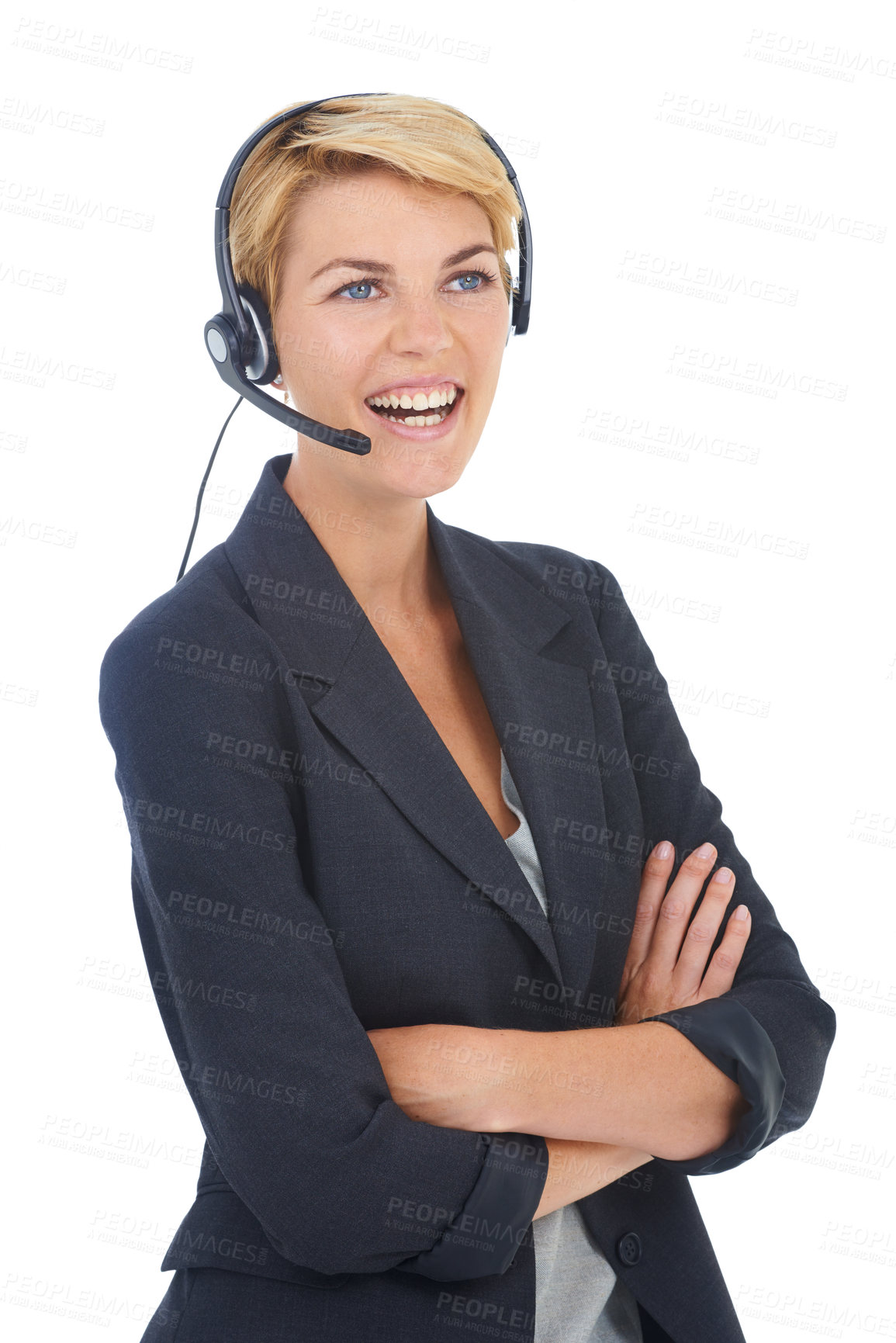 Buy stock photo Woman, crm and call centre headset in studio, customer service and operator by white background. Female person, consultant and telemarketing agent or representative, advisor and technical support