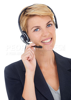 Buy stock photo Business woman, call center portrait and communication, customer service or support in studio. Face of professional agent, virtual consultant or advisor with FAQ or contact us on or white background