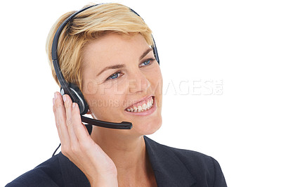 Buy stock photo Business woman, call center and listening in studio for communication, customer service or support. Professional agent or virtual consultant thinking in headphones or contact us on a white background