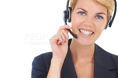 Buy stock photo Business woman, call center and headphones in studio for communication, customer service or support. Portrait of professional agent, virtual consultant or advisor for contact us on a white background