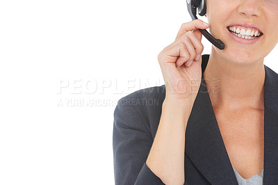 Buy stock photo Business person, mouth and call center in studio communication, customer service or support. Professional agent, advisor or consultant with headphones for advice, FAQ or contact on a white background