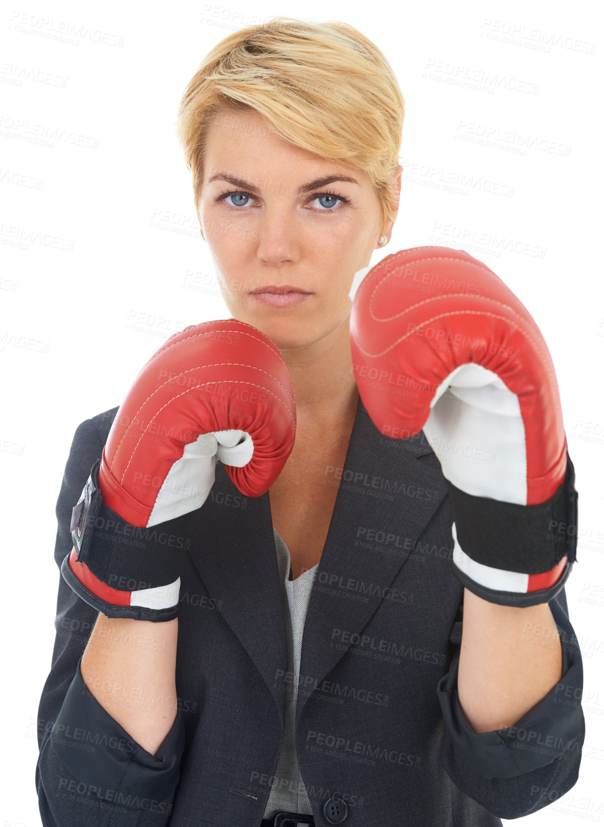 Buy stock photo Businesswoman, portrait and boxing gloves with face for corporate fight, confident and white background. Executive, strong and dedicated professional to business, formal and serious female person
