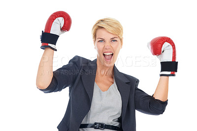 Buy stock photo Businesswoman, portrait and boxing gloves with excitement for corporate win, confident and white background. Executive, victory and celebration for business success, triumph and female person