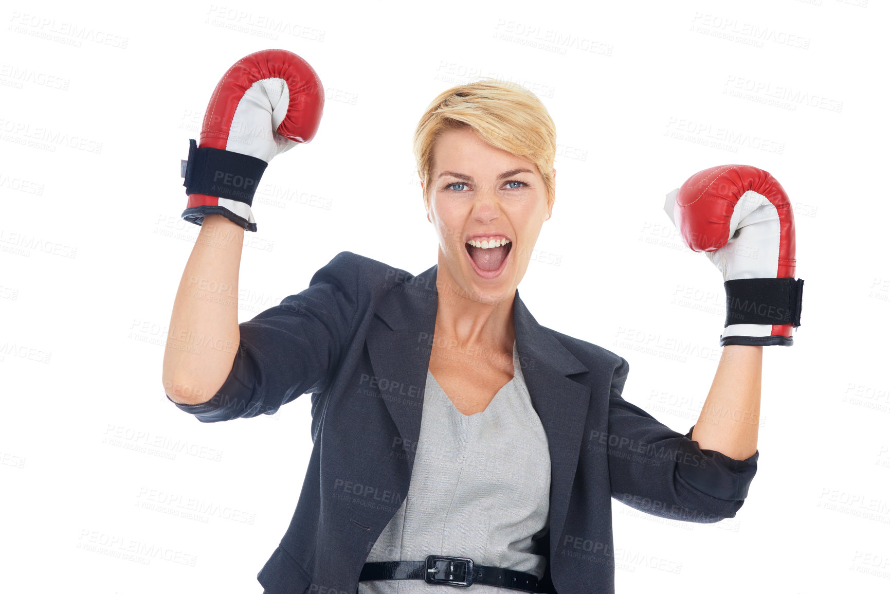 Buy stock photo Businesswoman, portrait and boxing gloves with excitement for corporate win, confident and white background. Executive, victory and celebration for business success, triumph and female person