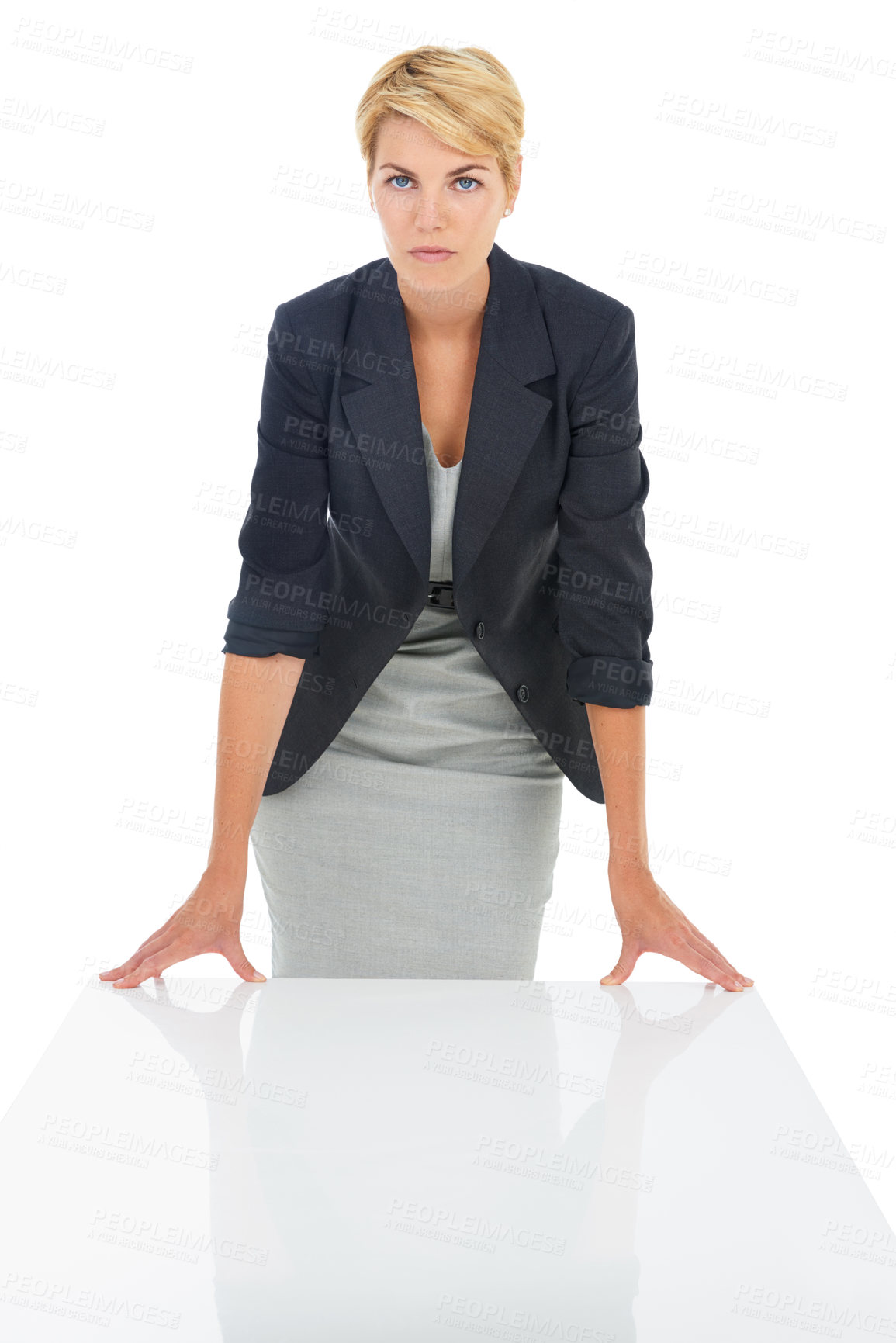 Buy stock photo Hr manager, studio or portrait of a woman at a desk for recruitment, hiring and start of an interview. Serious lady, assertive or business professional with confidence isolated on a white background