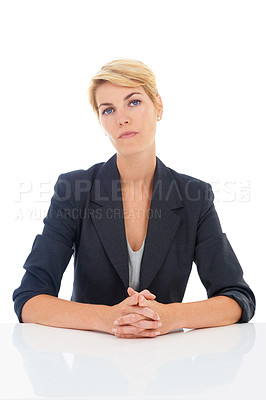 Buy stock photo Job interview, white background or portrait of a businesswoman at desk for recruitment or hiring. Table, corporate, serious worker or professional lady with confidence or company isolated in studio